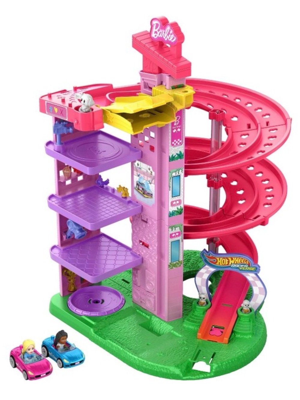 Barbie Hot Wheels RacerVerse Spiral Race Track with 2 Cars